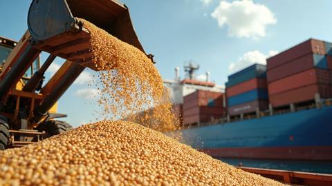 Grain pouring from a loader with a cargo vessel behind